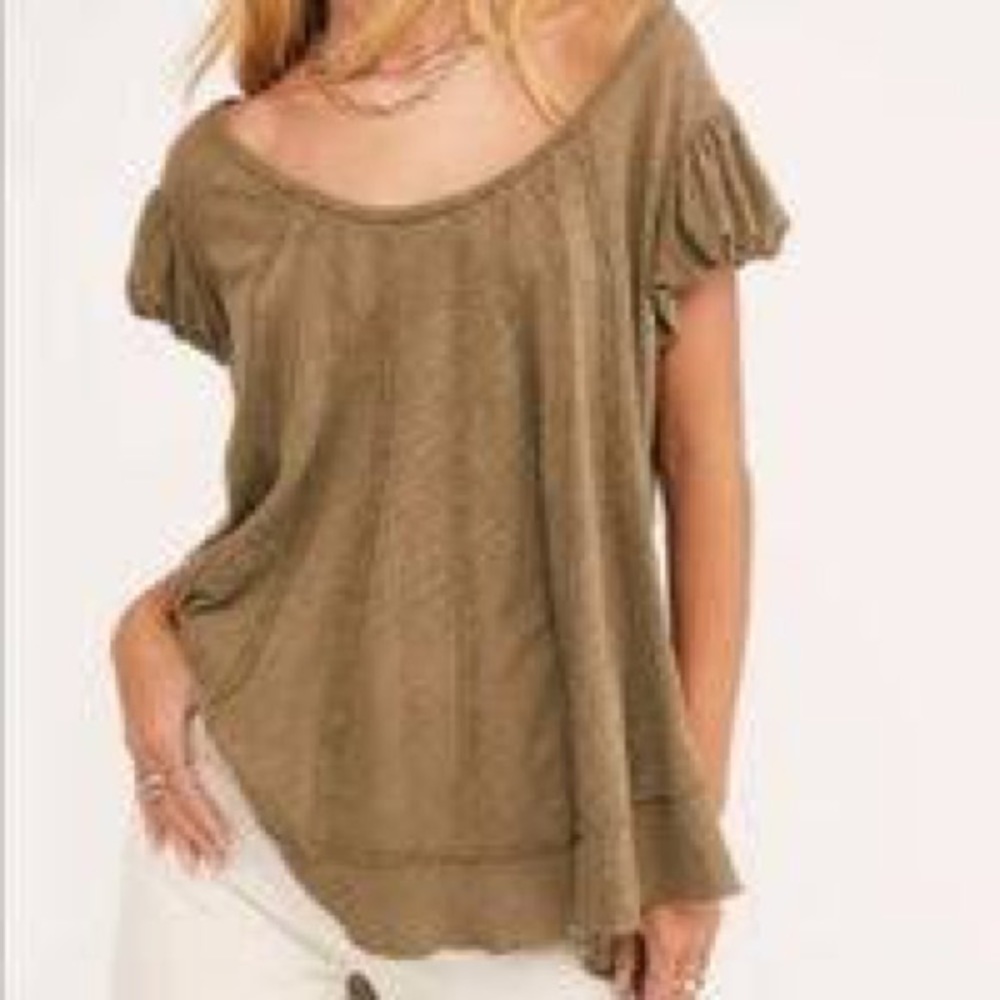 Free People New Star T-shirt Top S Green Linen Blend Oversized Shirt NWT $68